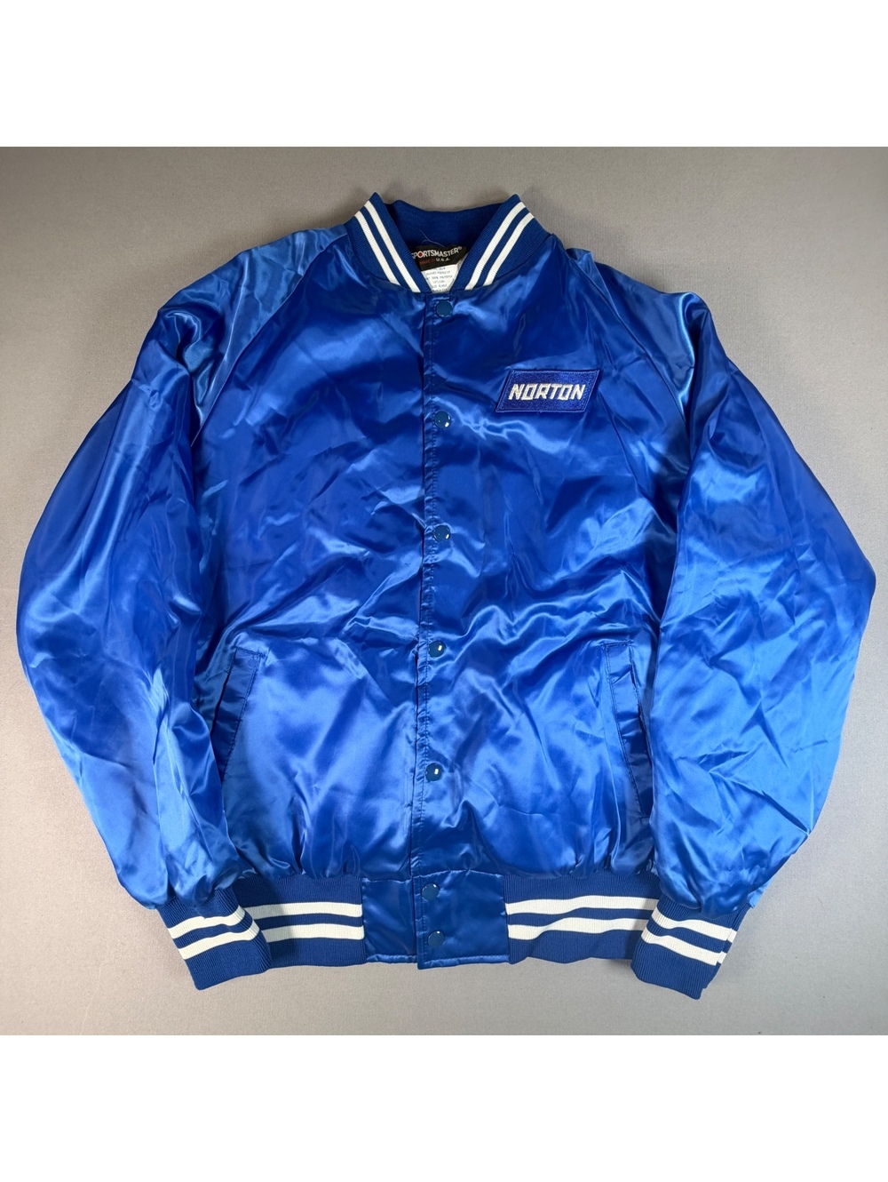 VTG Norton Satin Bomber Jacket Mens XL Blue Snap Button Varsity Windbreaker